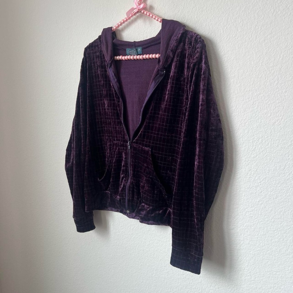velour purple hooded zip up track jacket